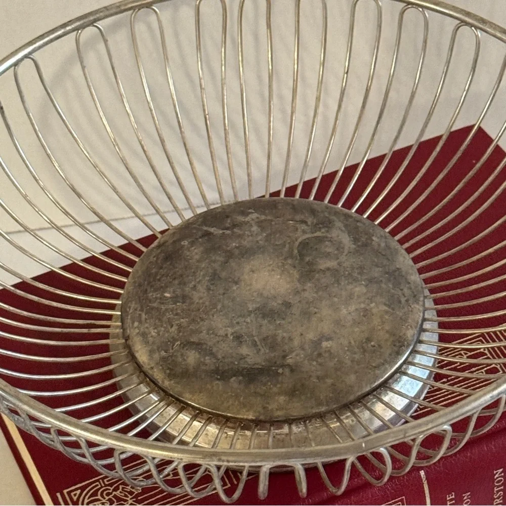 Vintage Silver Plated on Steel Wire Fruit Basket Mid-century Modern Cottagecore